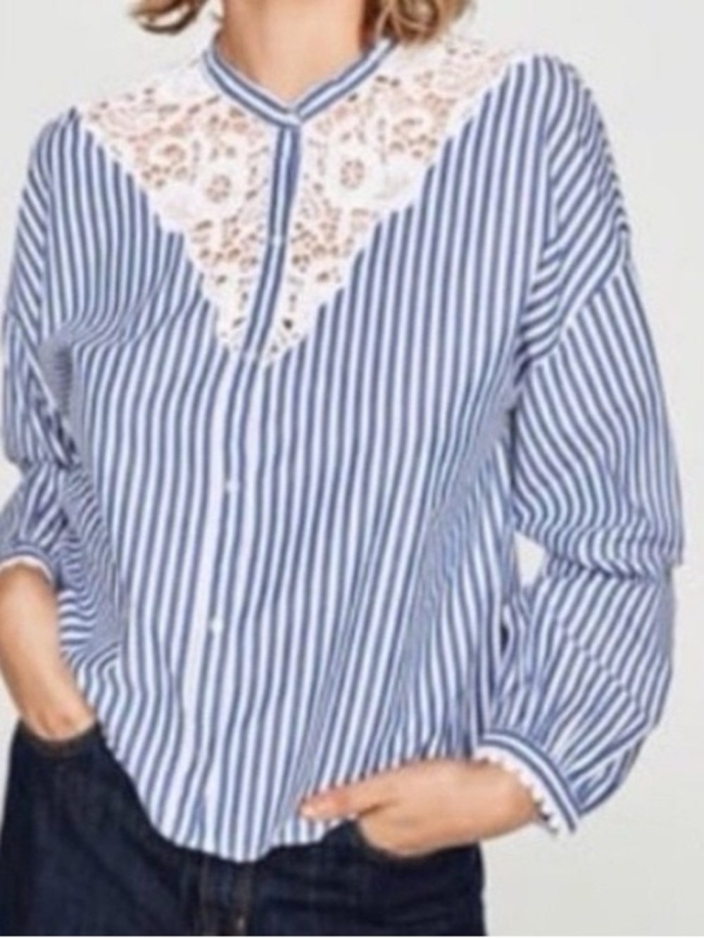 Blue Stripe Lace Yoke Women's Button-Up Top